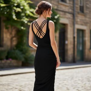 Stunning Abi Ferrin Riri Black Ruched Maxi Dress Multi Strap Back